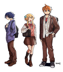  1girl 2boys ahoge alternate_costume arm_at_side artist_name backpack bag black_bag black_eyes black_shoes black_socks blazer blonde_hair blue_eyes blue_flower blunt_ends brown_eyes brown_jacket brown_pants brown_shoes brown_skirt cardigan checkered_clothes checkered_pants checkered_skirt closed_mouth contemporary flower full_body genshin_impact hair_flower hair_ornament hand_in_pocket hand_up highres jacket long_sleeves looking_at_viewer lumine_(genshin_impact) multiple_boys open_mouth orange_hair pants partially_unbuttoned pink_sweater_vest purple_cardigan purple_hair purple_sleeves red_shirt sanpaku scaramouche_(genshin_impact) school_uniform shirt shoes short_hair short_hair_with_long_locks shoulder_bag sidelocks skirt smile sneakers socks standing sweater_vest taka35_35 tareme tartaglia_(genshin_impact) undershirt white_background white_shirt white_sleeves 