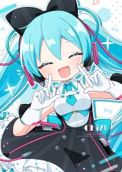  1girl :d ^_^ black_bow black_skirt blue_hair blue_necktie blush bow breasts chizu_(421ooouy) closed_eyes collared_shirt commentary_request dot_nose double-parted_bangs facing_viewer frilled_skirt frills gloves hair_between_eyes hair_bow hands_up hatsune_miku index_fingers_raised long_hair magical_mirai_(vocaloid) magical_mirai_miku magical_mirai_miku_(2016) medium_breasts necktie open_mouth outline shirt short_necktie skirt sleeveless sleeveless_shirt smile solo sparkle suspender_skirt suspenders twintails upper_body vocaloid watermark white_gloves white_outline white_shirt 