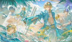  2boys alternate_costume aqua_theme aventurine_(honkai:_star_rail) aventurine_(waveflair)_(honkai:_star_rail) beach bird blonde_hair blue-tinted_eyewear book bracelet caelus_(honkai:_star_rail) choker commentary day goggles goggles_on_head grey_hair hair_between_eyes hawaiian_shirt highres honkai:_star_rail honkai_(series) jewelry male_swimwear ming_zhentan_allk multiple_boys necklace open_clothes open_shirt palm_tree postage_stamp seagull shirt smile sunglasses tinted_eyewear trailblazer_(honkai:_star_rail) tree untranslatable_commentary water_gun watermark 