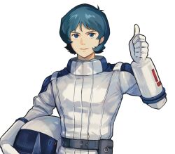  1boy aeug aqua_eyes aqua_hair bodysuit commentary_request gundam hair_between_eyes hand_up helmet highres holding holding_unworn_helmet kamille_bidan kasumi_(skchkko) looking_at_viewer male_focus mecha_pilot_suit multicolored_bodysuit normal_suit_(gundam) pilot_helmet smile solo space_helmet spacesuit unworn_headwear unworn_helmet zeta_gundam 