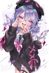  1girl :d adjusting_eyewear black_cardigan black_hat cardigan commentary cross-laced_clothes cross-laced_sleeves detached_wings double-parted_bangs double_bun hair_between_eyes hair_bun hair_flaps hands_up hat highres hololive hololive_english koseki_bijou koseki_bijou_(serafuku) long_hair_between_eyes looking_at_viewer metal_wings neckerchief off_shoulder official_alternate_costume official_alternate_hairstyle open_mouth pleated_skirt purple_hair purple_neckerchief sailor_collar school_uniform serafuku shirt short_hair skirt smile solo sylphynia teardrop-framed_glasses violet_eyes virtual_youtuber white_sailor_collar white_serafuku white_shirt white_skirt wings 