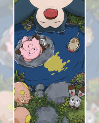  =_= aomon_(yuuji7604) blush blush_stickers bunnelby clefairy closed_eyes closed_mouth commentary_request fangs feebas grass highres looking_up lying no_humans official_art on_back open_mouth pokemon pokemon_(creature) pokemon_focus pokemon_sleep reflection reflective_liquid rock second-party_source sleeping smile snorlax toedscool water 