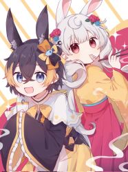  2girls :d animal_ear_fluff animal_ears back-to-back black_hair blonde_hair blue_eyes bow chinese_zodiac chopsticks commentary_request eating fish_hair_ornament food hair_bow hair_ornament highres holding holding_chopsticks japanese_clothes kimono long_hair miko1117 multicolored_hair multiple_girls nijisanji nijisanji_en noodles petra_gurin rabbit_ears reimu_endou short_hair sleeves_past_fingers sleeves_past_wrists slurping smile sparkle steam streaked_hair virtual_youtuber white_hair year_of_the_rabbit 