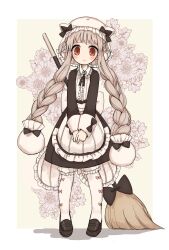  1girl apron black_bow black_shoes blonde_hair blush bow braid broom butter_run closed_mouth commentary_request floral_background flower highres magical_girl mahou_shoujo_ikusei_keikaku mahou_shoujo_ikusei_keikaku_restart maid nokko-chan pantyhose red_eyes shoes twin_braids white_flower white_pantyhose 