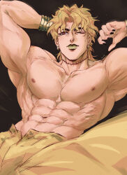  1boy abs absurdres arm_behind_back armpits bangle black_nails blonde_hair bracelet dio_brando ear_piercing earrings gold_bangle green_lips highres jewelry jojo_no_kimyou_na_bouken makeup muscular muscular_male nail_polish nipples noquelle one_eye_closed pants pectorals piercing red_eyes scar scar_on_neck solo stardust_crusaders topless_male yellow_pants 