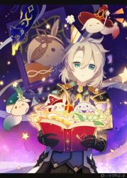  >_< 1boy :< ^_^ albedo_(genshin_impact) alice_(genshin_impact) aqua_eyes artist_name beret black_gloves black_hood black_horns blonde_hair blue_cat blue_shirt blush blush_stickers book box cat cecilia_flower_(genshin_impact) closed_eyes coat collared_shirt commentary_request confetti dodoco_(genshin_impact) dragon_horns durin_(genshin_impact) elbow_gloves explosion eyelashes fish flower genshin_impact gift gift_box gloves gold_trim green_hat hair_between_eyes hat highres holding holding_book holding_gift holding_wand hood hood_down hooded_coat horns klee_(genshin_impact) lab_coat letterboxed looking_at_viewer male_focus medium_hair monocle night one_eye_closed one_eye_covered open_book open_clothes open_coat parted_bangs parted_lips party_hat party_popper red_hat rhinedottir_(genshin_impact) scar scar_on_neck sebas_(genshin_impact) shirt shooting_star short_sleeves sky solo star_(sky) star_(symbol) star_wand starry_sky striped_hat tilted_headwear twitter_username u_u_k_e_n upper_body veil venti_(genshin_impact) vision_(genshin_impact) wand white_coat white_flower white_veil witch_hat yellow_hat 