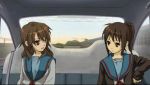  car_interior genderswap koizumi_itsuki koizumi_itsuki_(female) kyon kyonko motor_vehicle ponytail school_uniform suzumiya_haruhi_no_yuuutsu vehicle 