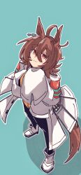  1girl agnes_tachyon_(tach-nology)_(umamusume) agnes_tachyon_(umamusume) ahoge animal_ears black_pantyhose brown_hair chemical_structure closed_mouth coat commentary cork earrings from_above gachitamago hair_between_eyes highres horse_ears horse_girl horse_tail jewelry lab_coat long_sleeves necktie pantyhose red_eyes shirt short_necktie single_earring sleeves_past_fingers sleeves_past_wrists smile solo sweater sweater_vest tail test_tube umamusume untranslatable_commentary white_coat wolf_cut yellow_sweater yellow_sweater_vest 