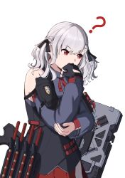  1girl absurdres bare_shoulders black_gloves citrus7763 detached_sleeves fingerless_gloves girls_frontline gloves grey_hair gun hair_ornament highres long_sleeves medium_hair pump_action red_eyes shield shotgun simple_background solo spas-12 spas-12_(girls'_frontline) twintails weapon 