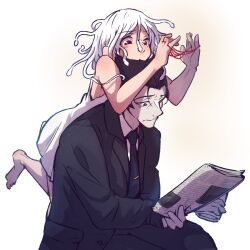  1boy 1girl absurdres albino bare_shoulders barefoot black_eyes black_hair black_jacket black_necktie black_pants blush carrying cat's_cradle closed_mouth collared_shirt commentary dress formal_clothes god_nadeko hair_slicked_back highres jacket kaiki_deishuu koimonogatari light_blush living_hair long_hair looking_at_object megateru monogatari_(series) necktie newspaper pants piggyback pout reading red_eyes sengoku_nadeko shirt short_hair simple_background sleeveless sleeveless_dress snake snake_hair strap_slip suit sundress tie_clip white_background white_dress white_hair white_shirt white_snake 