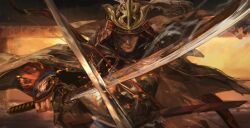  1boy armor ashina_genichirou baiyeju8 black_hair cape closed_mouth commentary_request dynamic_pose eye_reflection fighting helmet highres holding holding_sword holding_weapon japanese_armor kabuto_(helmet) katana male_focus reflection sekiro:_shadows_die_twice sword weapon yellow_background 