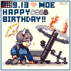  1girl :d animal_ear_hairband animal_ears black_pantyhose black_shoes blue_archive blue_skirt blue_sweater brown_eyes brown_hair character_name color_guide commentary_request fake_animal_ears firing full_body glasses hairband halo happy_birthday heart kneeling miniskirt moe_(blue_archive) mortar_(weapon) open_mouth pantyhose pixel_art pleated_skirt rabbit_ear_hairband rabbit_ears reigen_rgpixel shoes simple_background skirt smile solo sweater yellow_background yellow_halo 