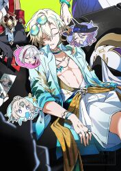  1boy 3girls abs aqua_streaks aventurine_(honkai:_star_rail) aventurine_(waveflair)_(honkai:_star_rail) blonde_hair blue-tinted_eyewear bracelet braid chibi closed_eyes commentary hawaiian_shirt highres honkai:_star_rail honkai_(series) jade_(honkai:_star_rail) jewelry linea_alba linea_semilunaris multicolored_hair multiple_girls multiple_necklaces necklace open_clothes open_shirt pearl_(honkai:_star_rail) pirohi_(pirohi214) ring scene_reference shirt sitting sleeping spoken_character streaked_hair tinted_eyewear topaz_(honkai:_star_rail) trotter_(honkai:_star_rail) untranslatable_commentary warp_trotter_(honkai:_star_rail) yellow-framed_eyewear 