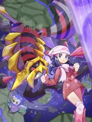  1girl beak beanie blue_eyes blue_hair boots clenched_hands coat commentary_request distortion_world dragon giratina giratina_(origin) glowing glowing_eye glowing_eyes grass hair_ornament hairclip hat highres hikari_(pokemon) inana_umi kneehighs monster parallel_hairclips pink_boots pink_coat pink_socks piplup poke_ball_print pokemon pokemon_(creature) pokemon_diamond/pearl/platinum pokemon_platinum red_eyes scarf serious socks star_(sky) upside-down v-shaped_eyebrows water waterfall winter_clothes 