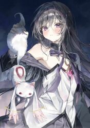  1girl 1other akemi_homura akemi_homura_(magical_girl) animal bare_shoulders black_hair black_hairband black_skirt black_trim blush closed_mouth commentary_request detached_collar detached_sleeves hair_between_eyes hair_ornament hairband highres holding holding_animal holding_another's_tail kyubey looking_at_viewer magical_girl mahou_shoujo_madoka_magica mahou_shoujo_madoka_magica:_walpurgis_no_kaiten messy_hair mimil pleated_skirt purple_ribbon ribbon skirt sky solo_focus star_(sky) tail upper_body violet_eyes 