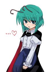  1girl absurdres antennae arm_behind_back black_cape blue_eyes blue_shorts blush buttons cape collared_shirt commentary_request cowboy_shot green_hair heart highres long_sleeves looking_at_viewer open_mouth red_cape sakuraba_medhi shirt shirt_tucked_in short_hair shorts simple_background solo touhou two-sided_cape two-sided_fabric white_background white_shirt wriggle_nightbug 