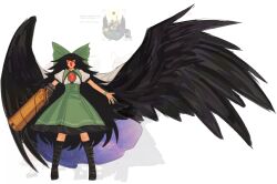  3girls absurdres arm_cannon bird_wings black_boots black_hair black_wings boots bow cape chest_eye collared_shirt commentary control_rod_(touhou) english_commentary feathered_wings full_body green_bow green_skirt hair_bow height height_difference highres knee_boots kochiya_sanae lithodryas long_hair multiple_girls print_cape red_eyes reiuji_utsuho shirt skirt solo_focus starry_sky_print third_eye touhou two-sided_cape two-sided_fabric weapon white_cape white_shirt wings yakumo_yukari 