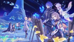  3boys 4girls :d aether_(as_heaven_and_earth_are_made_anew)_(genshin_impact) aether_(genshin_impact) ahoge albedo_(genshin_impact) antenna_hair apron aqua_eyes arm_behind_back arm_up back_bow beret black_boots black_cape black_capelet black_coat black_eyes black_gloves black_hair black_hood black_shirt black_shorts blonde_hair blue_apron blue_dress blue_hair blue_hat blue_shirt blunt_bangs blush boots bow braid bright_pupils brown_hair cake canvas_(object) cape capelet character_name clenched_hands closed_eyes closed_mouth coat collared_capelet collared_coat collared_shirt columbina_(genshin_impact) commentary crossed_bangs dated dress earrings easel elbow_gloves english_commentary eye_mask eyelashes feathered_wings flins_(genshin_impact) flower food frilled_dress frills gem genshin_impact gloves glowing_flower gold_trim gradient_hair grass green_flower grey_pants grey_shirt hair_between_eyes hair_intakes hair_ornament half_up_half_down_braid halo hand_up hands_up happy_birthday hat head_wings highres holding holding_paint_palette holding_paintbrush holding_tray hood hood_down hooded_coat index_finger_raised jewelry kuuhenki_(genshin_impact) lab_coat lapels long_hair long_sleeves looking_back low_ponytail mamere_(genshin_impact) mask medium_hair melusine_(genshin_impact) mountain multicolored_gloves multicolored_hair multiple_boys multiple_girls multiple_wings night notice_lines official_alternate_costume on_ground on_stool open_clothes open_coat open_mouth orange_bow outdoors paimon_(genshin_impact) paint_on_clothes paint_palette paint_splatter paintbrush pants parted_bangs parted_lips pointing ponytail puffy_long_sleeves puffy_sleeves purple_gem purple_shirt red_gloves red_hair red_streaks rock romper salsa_(genshin_impact) seymour_(genshin_impact) shirt short_hair short_sleeves shorts side_ponytail sidelocks single_earring single_thighhigh sitting sky sleeve_cuffs smile standing stool streaked_hair teeth thigh-highs thigh_boots tiny_(0v0) tray two-tone_gloves upper_teeth_only vambraces very_long_hair vest violet_eyes vision_(genshin_impact) white_boots white_coat white_dress white_hair white_mask white_pupils white_romper white_thighhighs white_vest white_wings wings yellow_eyes 