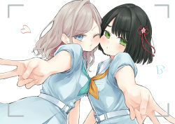  2girls aqua_neckerchief black_hair blue_dress blue_eyes blunt_bangs blunt_ends blush bob_cut breast_pocket breast_press breasts ceras_yanagida_lilienfeld cheek-to-cheek commentary_request dress flower flower_knot green_eyes grey_hair gyaru_v hair_flower hair_ornament hair_ribbon hasu_no_sora_school_uniform heads_together heart highres looking_at_viewer love_live! love_live!_hasu_no_sora_jogakuin_school_idol_club medium_breasts mendo_(mend0o0) momose_ginko multiple_girls neckerchief pink_flower pink_ribbon pocket ribbon sailor_collar sailor_dress school_uniform short_hair single_hair_intake summer_uniform symmetrical_docking v viewfinder virtual_youtuber white_sailor_collar yellow_neckerchief 