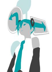  1girl adapted_hairstyle alternate_hair_length_(shorter) aqua_eyes aqua_hair aqua_necktie black_sleeves commentary detached_sleeves hair_between_eyes hatsune_miku headset highres nadegata_(rennsyuu000) necktie shirt simple_background sleeveless sleeveless_shirt solid_eyes solo vocaloid white_background 