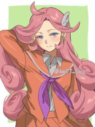 1girl absurdres ahoge arm_behind_head arm_up blue_eyes border closed_mouth collared_shirt commentary_request earrings green_background hair_lift hair_ornament highres jacket jewelry koo0t_tocc long_hair neckerchief orange_jacket orange_skirt outside_border pink_hair pleated_skirt purple_neckerchief puyopuyo puyopuyo_20th_anniversary raffina_(puyopuyo) sailor_collar shirt simple_background skirt smile solo standing twitter_username upper_body very_long_hair white_border white_shirt wing_hair_ornament 
