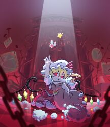  1girl absurdres ascot blonde_hair chain checkered_floor collared_shirt commentary_request crystal crystal_wings flandre_scarlet frilled_shirt_collar frills hat hat_ribbon highres holding holding_stuffed_toy indoors jeongu_(pixiv_27712738) korean_commentary mixed-language_commentary mob_cap multicolored_wings on_floor one_side_up open_mouth red_eyes red_skirt red_vest ribbon shirt sitting skirt skirt_set solo spotlight star_(symbol) stuffed_animal stuffed_toy stuffing teddy_bear torn_stuffed_toy touhou vest white_hat white_shirt wings yellow_ascot 