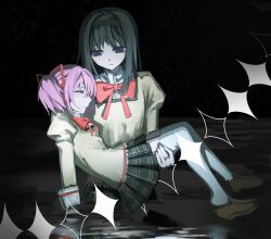 2girls akemi_homura black_hair black_hairband bow bowtie brown_shoes carrying carrying_person closed_eyes commentary expressionless hair_intakes hair_ribbon hairband high_collar highres jewelry juliet_sleeves kaname_madoka light_blush loafers long_hair long_sleeves mahou_shoujo_madoka_magica mahou_shoujo_madoka_magica_(anime) medium_hair mitakihara_school_uniform multiple_girls penny_loafers pink_hair plaid_clothes plaid_skirt pleated_skirt princess_carry puffy_sleeves purple_eyes red_bow red_bowtie red_ribbon red_trim ribbon ring school_uniform shirt shoes short_twintails skirt square_neckline thighhighs twintails unconscious urumia white_shirt white_thighhighs