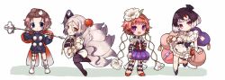  4girls amy_(mahoiku) black_hair black_pantyhose blue_eyes brown_hair butter_run closed_mouth commentary_request dress fox_tail frilled_dress frills fukuroi_marika gloves highres holding holding_staff japanese_clothes leaf long_hair magical_girl mahou_shoujo_ikusei_keikaku mahou_shoujo_ikusei_keikaku_f2p mahou_shoujo_ikusei_keikaku_jokers monako_(mahoiku) multicolored_hair multiple_girls open_mouth orange_hair pantyhose red_eyes shakujou short_hair staff styler_mimi tail two-tone_hair violet_eyes white_gloves white_hair yellow_eyes 