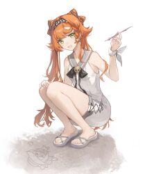  1girl :d absurdres bare_shoulders black_bow black_bowtie bow bowtie braid checkered_hairband chinese_commentary commentary_request full_body glass_pen green_eyes grey_sailor_collar hairband hand_up highres holding holding_pen looking_at_viewer official_alternate_costume one-piece_swimsuit open_mouth orange_hair pen reverse:1999 sailor_collar sailor_one-piece_swimsuit sand sand_writing sandals single_braided_sidelock smile solo sonetto_(reverse:1999) swimsuit twintails white_background white_bow white_one-piece_swimsuit wrist_bow yukiri_(l_ii) 