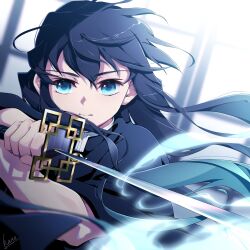  1boy aqua_eyes aqua_hair black_hair closed_mouth commentary_request demon_slayer_uniform fog hana_ni_nare highres holding holding_sword holding_weapon kimetsu_no_yaiba long_hair male_focus solo sword tokitou_muichirou weapon 