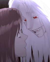  2girls blood_time character_request close-up colored_eyelashes colored_skin commentary_request eye_contact fangs highres korean_commentary long_hair looking_at_another multiple_girls murrang_f official_art open_mouth red_eyes short_hair smile vampire white_eyelashes white_hair white_skin yeonu_ha 