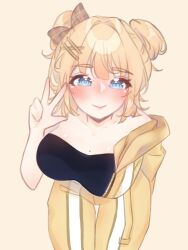  1girl absurdres bath_yukata blonde_hair blue_eyes bow breasts brown_bow closed_mouth double_bun hair_bow hair_bun hair_ornament hairclip hand_up highres hololive hololive_english hood hood_down hooded_jacket hoshiiii_art jacket japanese_clothes kimono large_breasts leaning_forward looking_at_viewer mole mole_on_breast open_clothes open_jacket pants short_hair smile solo w watson_amelia yellow_jacket yellow_pants yukata 