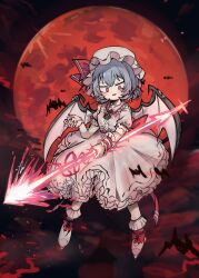  1girl absurdres back_bow bat_(animal) bat_wings blue_hair bow brooch collared_shirt commentary_request fingernails frilled_shirt_collar frilled_wrist_cuffs frills full_body full_moon hat hat_ribbon highres holding holding_polearm holding_weapon jewelry long_fingernails looking_at_viewer mob_cap moon night open_mouth piaki pink_hat pink_shirt pink_skirt pointy_ears polearm puffy_short_sleeves puffy_sleeves red_bow red_eyes red_moon red_nails red_wrist_cuffs remilia_scarlet ribbon sharp_fingernails shirt short_hair short_sleeves skirt skirt_set smile solo spear spear_the_gungnir touhou weapon wings wrist_cuffs 