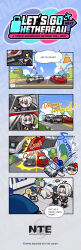  1boy 1girl absurdres black_gloves black_jacket bowing car closed_eyes closed_mouth collared_shirt commentary copyright_logo copyright_name copyright_notice driving english_commentary female_esper_zero_(nte) fingerless_gloves gloves grey_hair highres jacket logo male_esper_zero_(nte) motor_vehicle necktie neverness_to_everness official_art police_car purple_necktie racing shirt tears violet_eyes white_shirt 