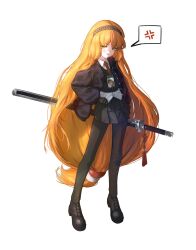  1girl anger_vein black_pants black_shoes black_skirt brown_hairband commentary green_eyes hairband high-waist_skirt highres holding holding_sword holding_weapon ishmael_(project_moon) lcd_(identity)_(project_moon) limbus_company long_hair looking_at_viewer low-tied_long_hair miniskirt orange_hair pants pants_under_skirt pleated_skirt project_moon shoes sidelocks skirt solo sword v-shaped_eyebrows very_long_hair weapon yoonho0310 