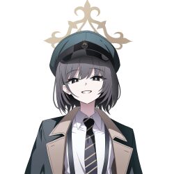  1girl absurdres black_eyes black_hair black_necktie blue_archive bright_pupils brown_halo coat coat_on_shoulders commentary diagonal-striped_clothes diagonal-striped_necktie dress_shirt green_coat green_hat halo hat highres hiromi_(blue_archive) karasansu looking_at_viewer necktie peaked_cap shirt short_hair simple_background smile solo striped_clothes striped_necktie suspender_pants upper_body white_background white_pupils white_shirt 
