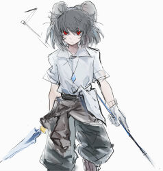  1girl absurdres animal_ears commentary_request cowboy_shot dowsing_rod gloves grey_hair highres holding holding_sword holding_weapon jewelry looking_at_viewer mouse_ears mouse_girl nazrin necklace pants red_eyes shirt shirt_partially_tucked_in short_hair short_sleeves solo standing sword touhou us51927694 weapon white_background white_shirt 