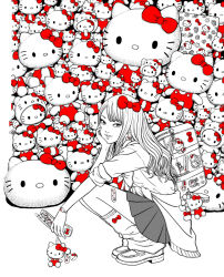  1girl bag bow cellphone crossover earrings flip_phone gyaru hello_kitty hello_kitty_(character) holding holding_phone itou_junji jewelry kawakami_tomie kogal long_hair loose_socks official_art official_artist_extra phone red_bow sanrio school_bag school_uniform shirt shoes skirt socks solo tomie 