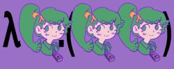  >:) 3girls clone closed_mouth code collared_shirt commentary cropped_shoulders drawfag english_commentary green_eyes green_hair hair_ornament humanization jaggy_lines lambda_symbol limited_palette lisp-tan lisp_(programming_language) medium_hair multiple_girls no_pupils no_sclera original oversized_zipper ponytail prehensile_hair programming_(topic) purple_background recurring_image recursion shirt sideways_glance simple_background smile thumbs_up v-shaped_eyebrows zipper 