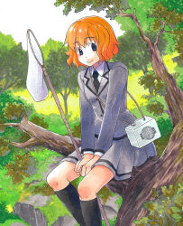  ansatsu_kyoushitsu black_necktie black_socks blue_eyes bug_cage butterfly_net closed_mouth collared_shirt commentary_request grey_skirt hand_net holding holding_butterfly_net kankichi kneehighs kurahashi_hinano marker_(medium) necktie on_branch orange_hair shirt sitting_on_branch skirt smile socks traditional_media tree white_shirt 