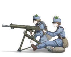  2girls absurdres backpack bag belt blue_hat blue_jacket blue_pants boots brown_hair closed_mouth from_side full_body gun hat heavy_machine_gun highres jacket klamol machine_gun military military_hat multiple_girls original pants short_hair shoulder_bag simple_background sitting weapon weapon_request white_background world_war_i 
