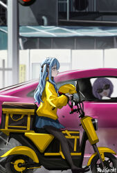  2girls absurdres afu_(amzs8345) artist_name bang_dream! bang_dream!_it's_mygo!!!!! black_pantyhose blue_hair blue_skirt car commentary_request day driving from_side helmet highres holding holding_unworn_helmet insulated_delivery_bag jacket long_hair long_sleeves miniskirt moped motor_vehicle multiple_girls on_moped outdoors pantyhose pink_car skirt sunglasses sweatdrop togawa_sakiko unworn_headwear unworn_helmet yellow_jacket yuutenji_nyamu 