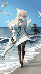  1girl absurdres animal_ears arknights arknights:_endfield aschetide bare_shoulders bird bird_ears bird_girl black_gloves black_pantyhose blue_eyes blue_sky boat commentary_request dress full_body gloves grey_hair highres holding holding_suitcase horizon jacket long_hair looking_at_viewer multicolored_gloves no_shoes ocean off_shoulder outdoors pantyhose perlica_(arknights) sailboat sky solo suitcase two-sided_gloves two-tone_gloves water watercraft white_bird white_dress white_jacket yellow_gloves 