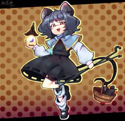  1girl animal_ears artist_name basket bishamonten's_pagoda black_shoes black_skirt black_vest blue_capelet brown_background capelet commentary dowsing_rod english_commentary foot_up_heel_up full_body gold_trim grey_hair hand_up highres holding holding_dowsing_rod holding_with_tail jewelry knee_up lentusovich letterboxed long_sleeves looking_at_viewer loose_socks mary_janes medium_hair mouse_(animal) mouse_ears mouse_girl mouse_tail nazrin open_mouth outline outside_border pendant polka_dot polka_dot_background prehensile_tail red_eyes scar scar_on_face scar_on_nose shirt shoes skirt smile socks solo standing standing_on_one_leg tail teeth touhou upper_teeth_only vest white_shirt white_socks yellow_outline 