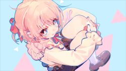  1other absurdres aged_down akiyama_mizuki androgynous blue_background brown_shoes brown_shorts child commentary crying crying_with_eyes_open dechel frilled_sleeves frills full_body hair_ribbon half_updo highres hugging_own_legs knees_up loafers looking_at_viewer looking_up neck_ribbon other_focus pink_eyes pink_hair pink_ribbon project_sekai puffy_nipples raised_inner_eyebrows ribbon sad shirt shoes short_hair shorts sitting socks solo tears triangle white_shirt white_socks 