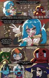 absurdres ahoge animal_ears bar_(place) bare_shoulders basedbinkie black_hair blue_eyes blue_hair bozena_picklepop_(basedbinkie) brown_hair cash_(basedbinkie) cat_ears cat_girl crowd crying detached_sleeves english_commentary english_text familiar_lands frills green_hair hair_between_eyes hat highres holding holding_unworn_clothes holding_unworn_hat jester jester_costume lord_tomata_(basedbinkie) multicolored_hair multiple_girls musical_note orange_hair pink_eyes pippi_panini_(basedbinkie) red_eyes sancha_gobzales_(basedbinkie) selistra_(basedbinkie) selistro_(basedbinkie) singing slit_pupils smile streaming_tears tears two-tone_hair unworn_hat unworn_headwear white_hair 