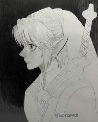  1boy chest_belt closed_mouth collared_shirt commentary earrings english_commentary from_side frown graphite_(medium) greyscale hair_behind_ear hat highres jewelry link long_pointy_ears male_focus mkchainsaw monochrome piercing pointy_ears pointy_nose profile sanpaku shirt short_hair sketch solo sword sword_on_back the_legend_of_zelda the_legend_of_zelda:_ocarina_of_time the_legend_of_zelda:_ocarina_of_time_(remake) traditional_media tunic twitter_username upper_body weapon weapon_on_back wing_collar 