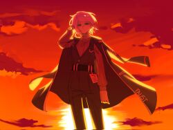  1girl backlighting black_coat black_pants black_vest clouds cloudy_sky coat coat_on_shoulders commentary_request cowboy_shot faust_(project_moon) grey_sweater highres id_card limbus_company looking_at_viewer outdoors pants parody project_moon ribbed_sweater shizuku_(game) short_hair sky solo sun sunset sweater vest white_hair yozijichikol 