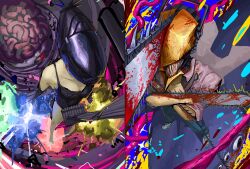  1boy 1girl apron barefoot beam_(chainsaw_man) blood blood_on_arm blood_on_face blood_on_teeth blood_on_weapon blue_background blue_blood blue_pants bomb_hybrid_(chainsaw_man) brain chainsaw chainsaw_man chainsaw_man_(character) clenched_teeth collarbone collared_shirt colored_blood crossed_arms denji_(chainsaw_man) dynamite explosion explosive exposed_brain gigan_(gigan1024896) highres intestines multicolored_fire object_on_head pants reze_(chainsaw_man) shark sharp_teeth shirt shoes standing teeth typhoon_devil_(chainsaw_man) weapon white_shirt white_shoes yellow_blood 