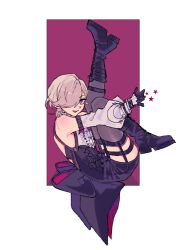 1boy :d back_bow bare_shoulders black_boots black_bow black_corset black_gloves black_shorts blonde_hair boots bow brown_thighhighs buttons center_frills commentary corset cross-laced_clothes detached_sleeves english_commentary frilled_shirt_collar frills genshin_impact gloves hair_over_one_eye highres lace-up_boots leg_up long_sleeves looking_at_viewer looking_to_the_side lyney_(genshin_impact) male_focus molaning multicolored_gloves multicolored_hair one_eye_covered open_mouth parted_bangs red_background red_streaks shirt short_hair short_shorts shorts sleeveless sleeveless_shirt smile solo star_(symbol) streaked_hair swept_bangs thigh-highs thigh_strap two-tone_background two-tone_gloves violet_eyes white_background white_gloves white_shirt white_sleeves 